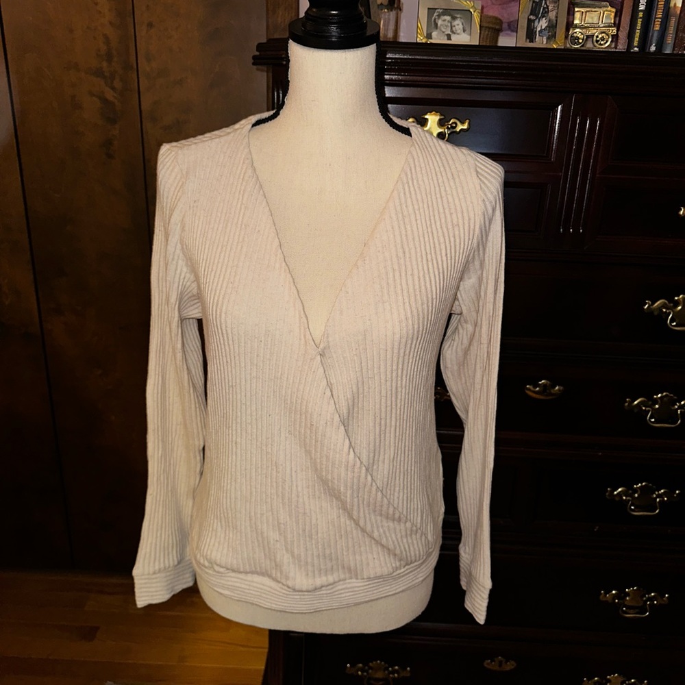 Krisa Cream Ribbed Wrap Sweater Size Large NWT